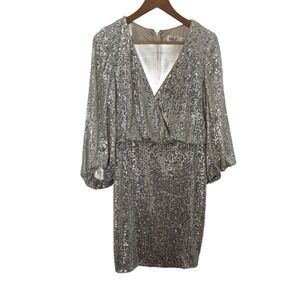 Eliza J Women‎ Silver Sequin Balloon Sleeve V-Neck Faux Wrap Cocktail Dress 10